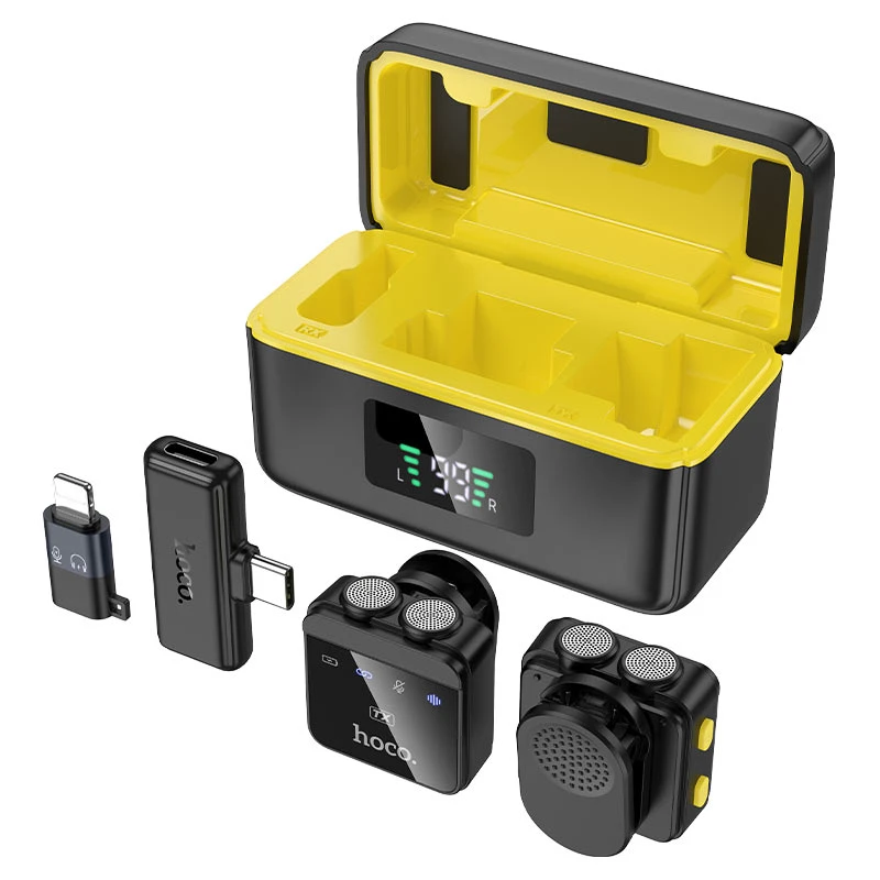 HOCO L17 Dual Mic Magnetic Wireless Digital Lavalier Microphone with Charging Case | Type-C & Lightning Adapter